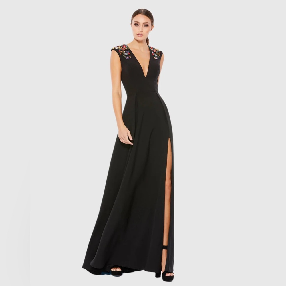 Mac Duggal Black Maxi Dress with Floral Embroidery